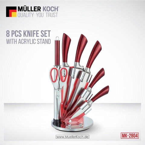 Muller Koch MK-2804 Knife Set With Acrylic Stand 8 Pcs Red